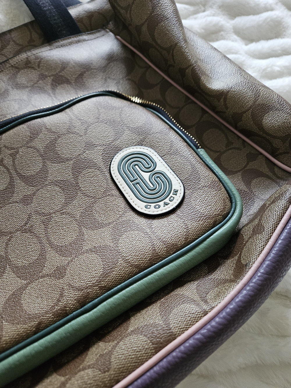 Coach Signature Canvas Tote with Green Trim